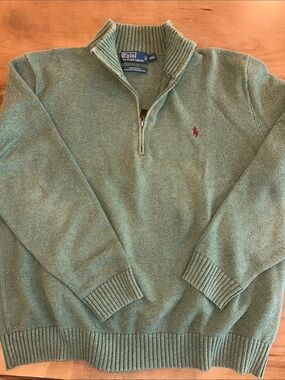 Polo by Ralph Lauren Men’s Sage Green Quarter-Zip Sweater with Red Pony